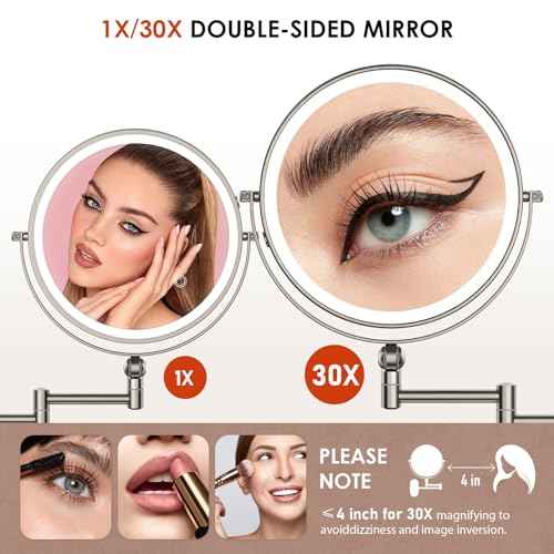9" Wall Mounted Lighted Makeup Mirror,4000mAh Rechargeable Double Sided 1X/30X Magnifying Mirror with Light,Touch Dimmable,Extended Arm 360 Rotation Wall Mounted Makeup Mirror 3 Color Lights-N