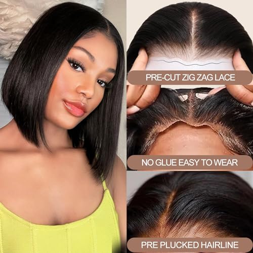 AISI Bob Wig Human Hair Glueless Wigs Human Hair Pre Plucked Pre Cut 4x4 HD Lace Front Put On and Go Glueless Wigs Human Hair 180% Density Short Straight Bob Wigs for Black Women 8 inch