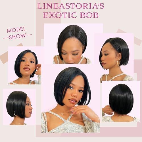 Exotic Bob Wig for Black Women - Snug Fit Cap, Handcrafted Airy Bangs, Seamless Lace Front, Asymmetrical, Rounded Nape, Glueless, Hypoallergenic, Heat Resistant (Natural Black)