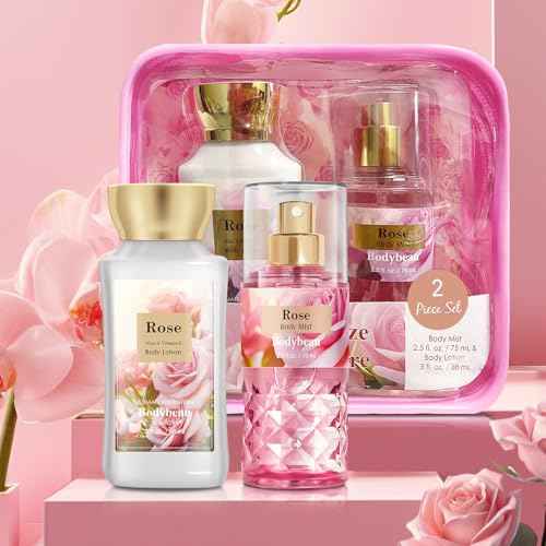 Bath and Body Gift Set for Women & Girls, Rose 2PCS Set for - Body Lotion, Body Mist, Personal Portable Body Care Travel Set for Birthday Mother's Day Gifts for Her and Him