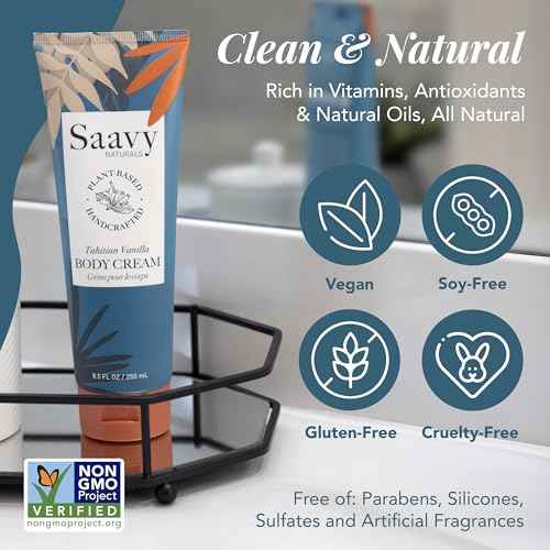 Saavy Naturals Body Cream Tahitian Vanilla, Clean Plant-Based Ingredients| Made In USA | Absorbent Shea Butter Vegan, Thick and Creamy Body Moisturizer, Body Lotion for Dry Skin- 8.5 Fl Oz, 2 Pack