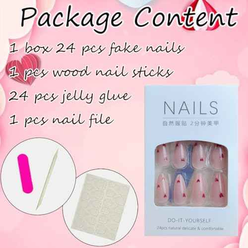 24Pcs Heart Press on Nails Medium Almond Fake Nails Valentines Glue on Nails Nude Pink Full Cover False Nails Red Love Hearts Artificial Acrylic Nails Stiletto Stick on Nails for Valentines Nails