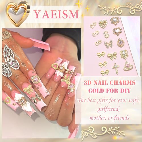 80PCS Gold Nail Charms 12 Shapes Gold Heart Nail Charm 3D Butterfly Nail Charms Alloy Gold Nail Crosses Shiny Money Sign Nail Charms Crystal Pink Planet Charms for Women Nail Art Decoration