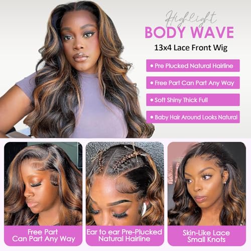 Highlight Ombre Lace Front Wig Human Hair Body Wave Lace Front Wigs Human Hair Pre Plucked 13x4 1B/30 Brown Highlight Wig 200 Density Colored 26 Inch Balayage Wigs for Women