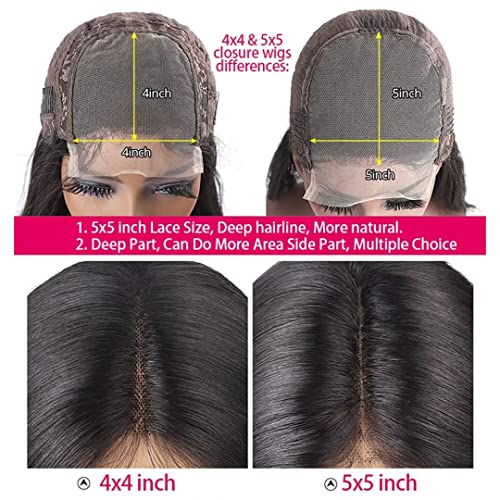 5x5 HD Lace Closure Wigs Human Hair 5x5 Deep Wave Closure Wig for Women 100% Human Hair 180% Density Pre Plucked with Baby Hair 5x5 Curly Closure Wig Nautural Black Super Soft 20 inch