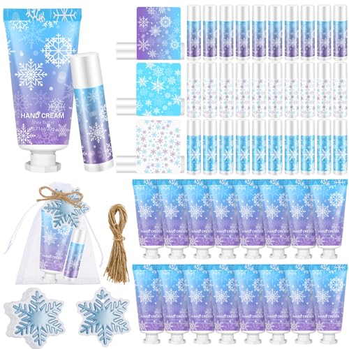 50 Set Winter Snowflake Hand Cream Lip Balm Bulk Set Woman Christmas Gift Include 50 Lip Balm 50 Hand Cream 50 Bag 50 Tag for Winter Christmas Stocking Stuffers