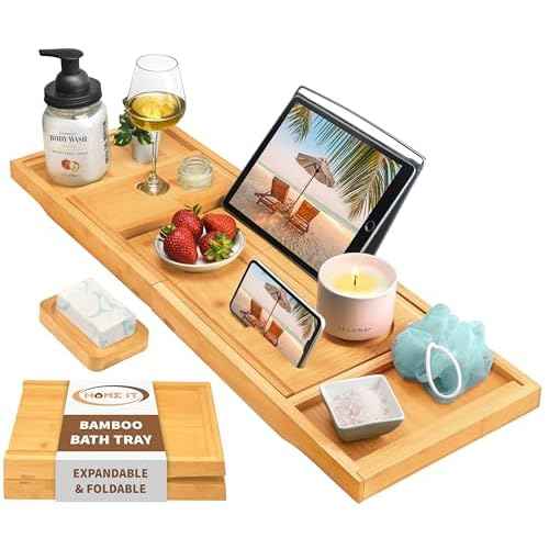 Home It Premium Foldable Bathtub Tray - Bamboo Waterproof Bath Tray for tub Caddy - Wooden Holder for Wine, Book, Soap, Phone, Luxury Gift for Men & Women - Expandable, Fits Most Tubs in Bathroom
