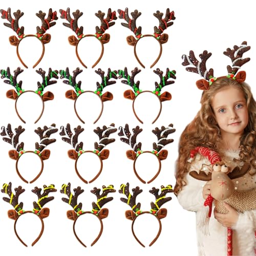 12 Pcs Reindeer Antlers Headband, Glitter Sequins Christmas Ears Headband, Deer Hairbands for Kids & Adults, Perfect for Holiday Photo Booth Props & Party Favors