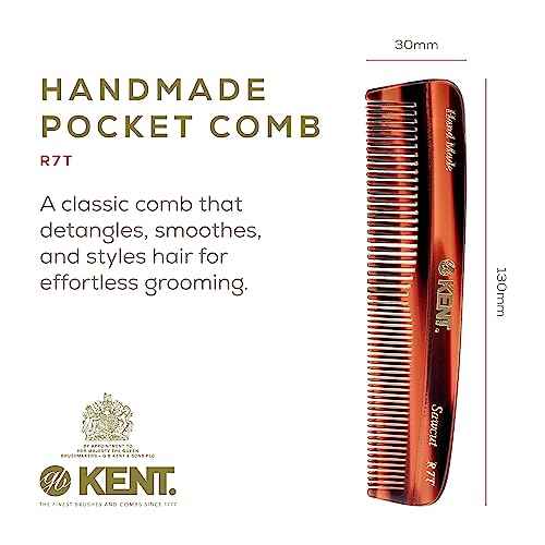 Kent R7T Fine and Wide Tooth Hair Comb, Handmade Pocket Comb for Men, Beard and Mustache Combs for Everyday Grooming and Styling, Sawcut Kent Combs, Made in England