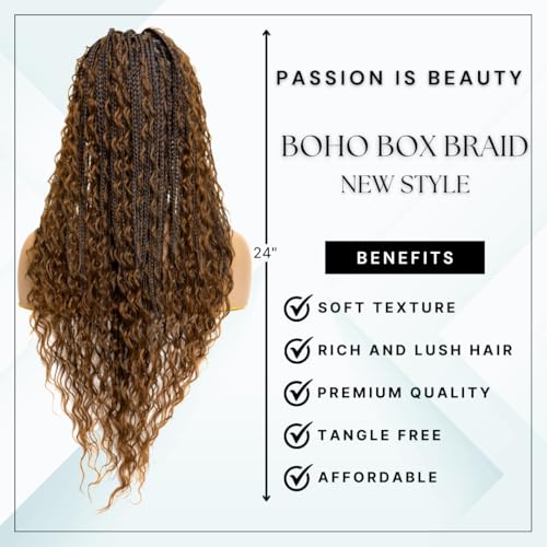 PIB 24'' Full Lace Bohemian Box Braid Wig - Knotless Braided Wigs for Black Women - Synthetic Braided Wig with Natural Baby Hair - Off Black and Brown #1B30