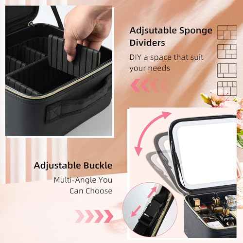 Travel Makeup Bag with LED Mirror ? Waterproof Cosmetic Train Case with Adjustable Dividers, Portable Makeup Organizer and Toiletry Bag for Women, Teens & Girls Gift, Black