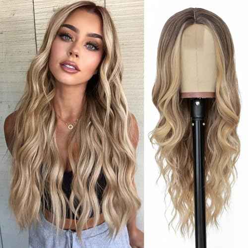 NAYOO Long Ombre Blonde Wavy Wig for Women 26 Inch Middle Part Curly Wavy Wig Natural Looking Synthetic Heat Resistant Fiber for Daily Party Use (Ombre Blonde)