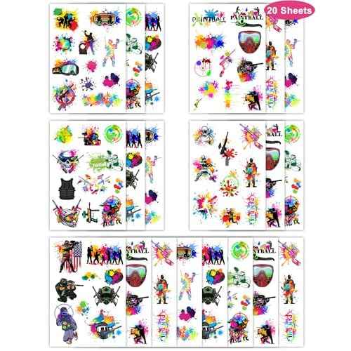 204Pcs Paintball Temporary Tattoos - Fun Kids Paintballs Tattoos Temporary Stickers Favors for Paintball Birthday Decorations, Paintball Party Supplies Class School Carnival