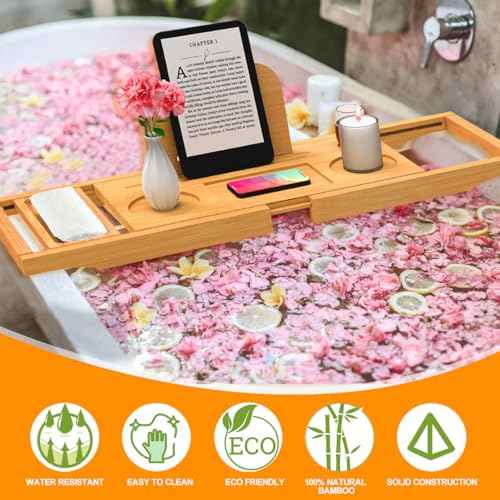 Premium Bamboo Bathtub Tray Caddy - Bath Tub Tray Table for Bathtub - Bath Caddy Tray for Bathtub, Expandable Size, Fits Most Bath Tubs