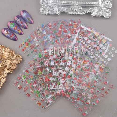 30 Sheets Nail Stickers - 3D Cartoon Christmas Art, Self-Adhesive Decals for Women - Winter Snowflake, Santa Claus, Snowman, Xmas Tree Themes