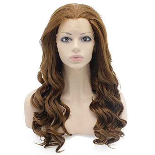 24inch Long Wavy Brown Lace Front Wig Half Hand Tied Heat Resistant Synthetic Hair Wig at Mxangel
