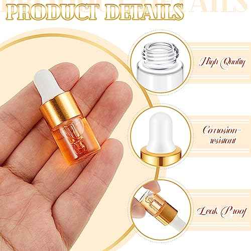 100 Pcs Mini Glass Oil Dropper Bottle Bulk, Clear Essential Small Empty Bottles Sample Containers Perfume Liquid Vials with Cap for Traveling (2 ml,Gold)