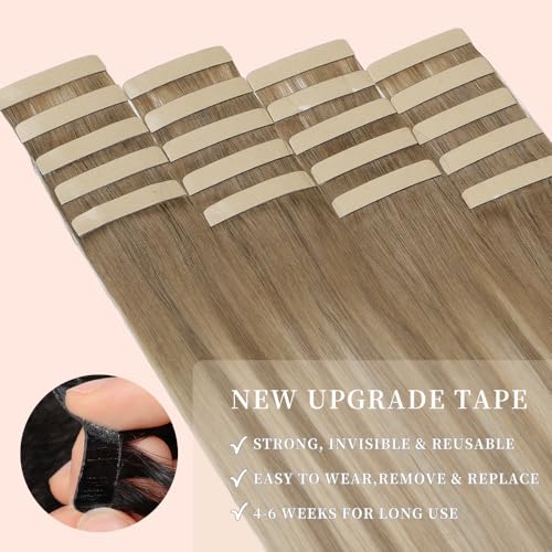 Tape in Hair Extensions Human Hair 24 Inch Balayage Medium Brown Mixed Dark Blonde Double Sided Tape for Skin Weft Hair Extension Invisible Tape in Hair Extensions Straight 20pcs (10/10/22#,24 Inch)