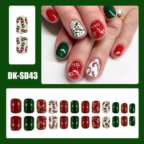 24Pcs Christmas Press on Nails Short Square - Red&Green Fake Nails White False Nails Press Ons Nail Art Tips With Christmas Cane Fruit Candy Design Winter Acrylic Nail Kit for Women Xmas Decor