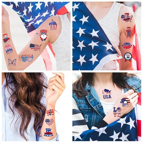 50 PCS Fourth of July Temporary Tattoos for Kids, Red White and Blue Themed Tattoos for Birthday Party Supplies USA Flag Memorial Day Independence Day Labor Day Tattoo Stickers for Kids Boys Girls