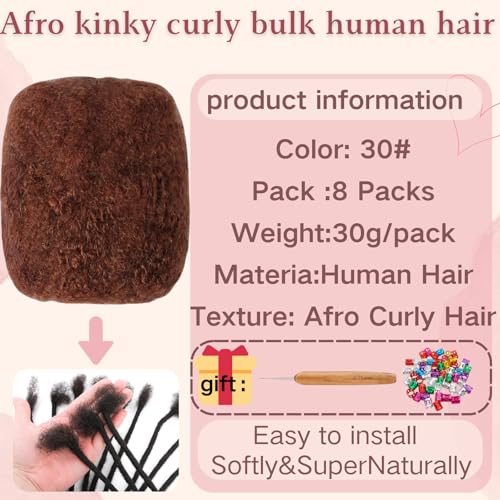 Afro Kinkys Bulk Human Hair for Dreadlock Extensions,Repair Locs, Twists and Braids, 240 Gram Each Package 100% Human Hair Afro Kinky Bulk Can be Dyed and Bleached (Auburn 30# 8inch)