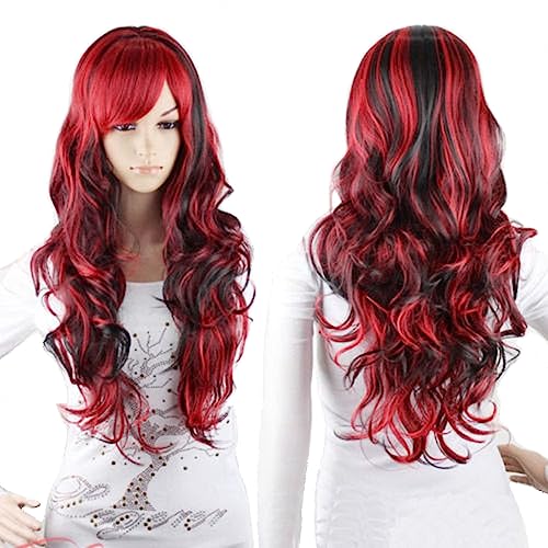 ANESHE Anime Cosplay Wigs Red and Black for Women Long Curly Hair Lolita Style Wigs (Red+Black)