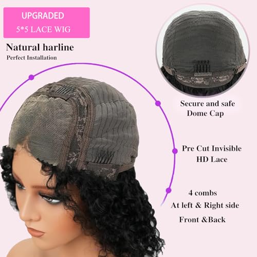 Deep Wave 5x5 HD Lace Closure Curly Wigs for Black Women Glueless Wigs Human Hair Pre Plucked Pre Cut 180 Density Short Curly Human Hair 8 Inch Natural Black
