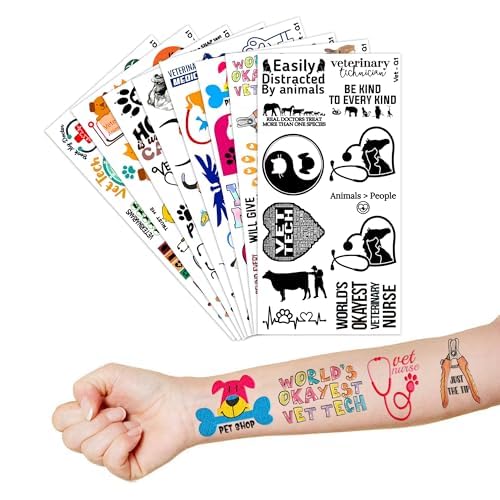 96 PCS Funny Veterinary Vet Medicine Technician Vet Med Temporary Tattoos Birthday Theme Party Supplies Decorations Favors Decor Cute Pet Cat Dog Tattoo Stickers Gifts for Kids Boys Girls Class Prizes