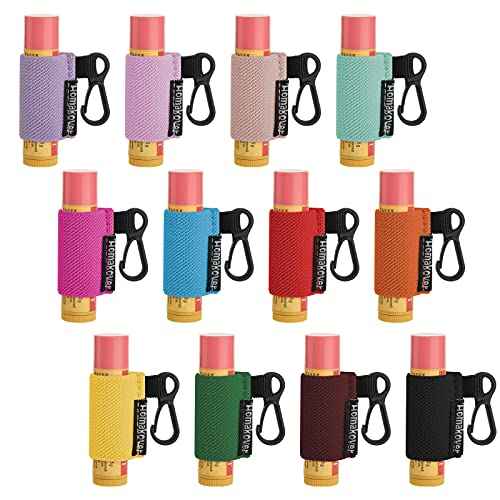 Homakover 12 Pack Compact Clip-On Lipstick Holder Keychain in 12 Colors,Lip Balm Sleeves with Clip, Fits Most Standard Lip Balm,Tight-Knit Elastic Lip Balm Keychain Holder