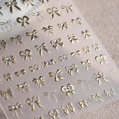 5D Embossed Bow Nail Stickers - Gold Bow Nail Art Decals with Rhinestone Knot Designs for Women's Manicure