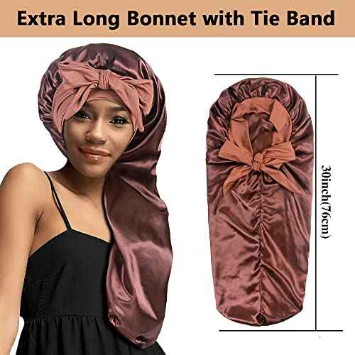 2pcs Long Satin Bonnets with Tie Band, Large Braid Bonnet Silky Hair Cap for Locs Women Sleeping, E