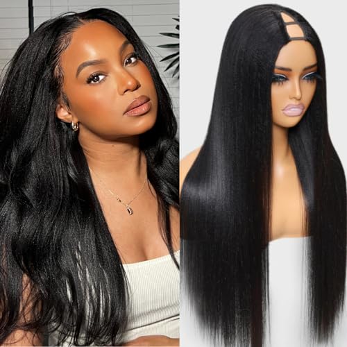 KLAIYI Yaki Straight V Part Wig Human Hair Glueless Upgrade U Part Wig No Leave Out No Gel Machine Made Clip In Half Wigs for Women Beginner Friendly 30S Ready to Wear Kinky Wig Natural Color 18Inch