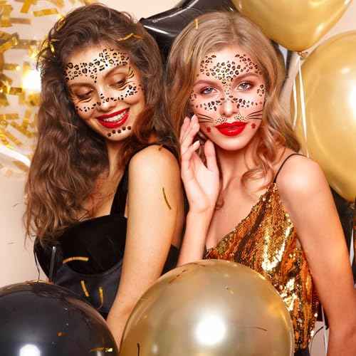 8 Sheets Gold Glitter Leopard Face Temporary Tattoos Stickers, Glitter Fake Cheetah Face Whisker Tattoos Stickers for Halloween Costume Makeup for Kids Adults Women Men
