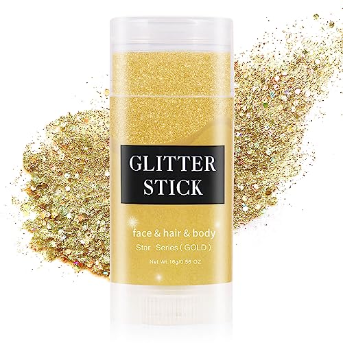 MEICOLY Gold Face Body Glitter Stick,Music Festival Accessories Outfits for Women,Hair Glitter Makeup,Mermaid Chunky Glitter Face Paint,Waterproof Sparkle Face Glitter for Country Concert
