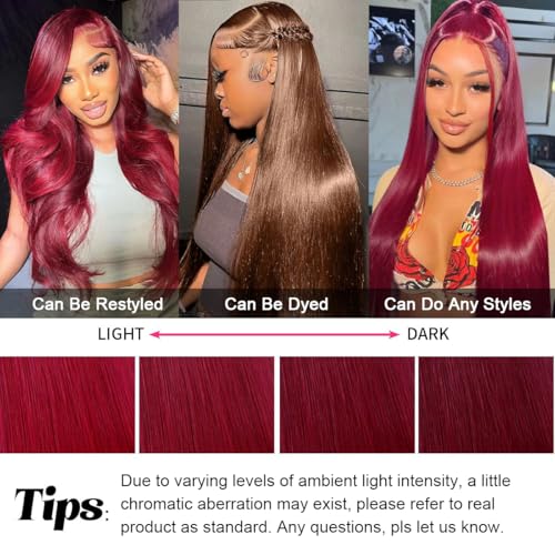 99j Burgundy Lace Front Wigs Human Hair 26 Inch 13x4 Straight HD Lace Front Wig Pre Plucked Wine Red Colored Glueless Lace Frontal Human Hair Wigs for Women