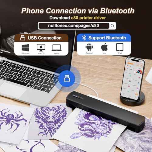 Tattoo Stencil Portable Thermal Printer: Wireless Bluetooth Transfer Machine Supports 8.5 x 11 Letter A4 A5 Sizes - Perfect for Tattooist Business Trip Travel Home Office - Laptop Smartphone and PC