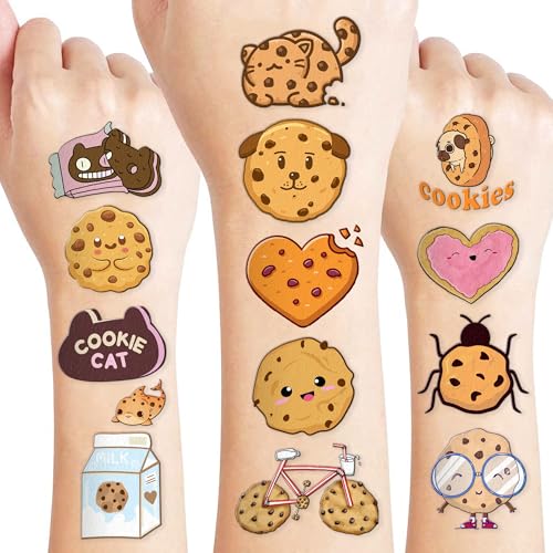 96PCS Cookie Pre-Cut Temporary Tattoos 8 Sheets 96PCS Milk and Cookies Party Decorations Supplies Favors Candyland Theme Birthday Cute Stickers Christmas Gifts for Boys Girls Class School Prizes