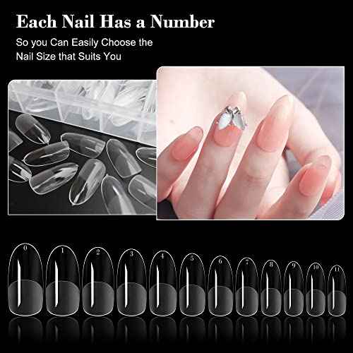 AddFavor 240pcs Oval Nail Tips Clear Full Cover Medium Length Round Fake Nails Acrylic Gel Nail Tips for Salon and Home Nail Art Manicure 12 Sizes