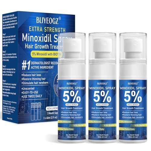 5% Minoxidil Spray for Men and Women, Infused with Biotin, for Hair Regrowth Treatment, Beard Growth, Extra Strength Treatment to Combat Hair Loss and Thinning, 3 Month Supply, 3 Bottles