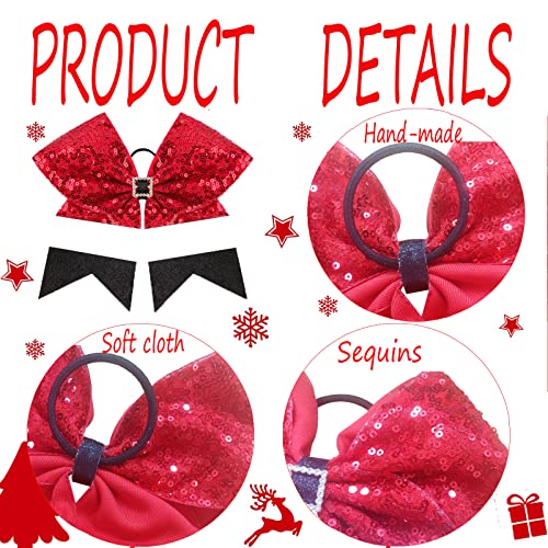 4pcs Christmas Large Cheer Hair Bows,7Inch Xmas Boutique Cheerleader Bows Accessories with Shiny Squares Hair Bows Elastic for Women Kids Toddlers Teens(Red, white and black)