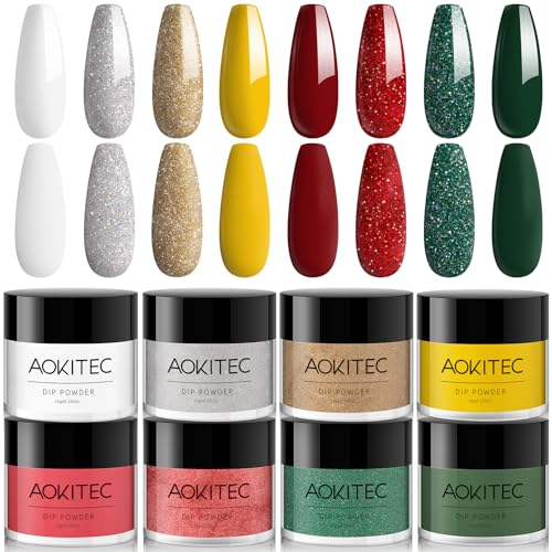 Aokitec Dip Powder Set, Advent Calendar 2025, 8 Christmas Colours for Nails, Red Glitter Green Dipping Set
