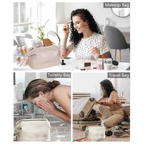 GRINKO Travel Makeup Bag, Large Capacity Toiletry Bag, Portable Pouch Cosmetic Bags for Women, PU Leather Waterproof Make up Organizer Apricot