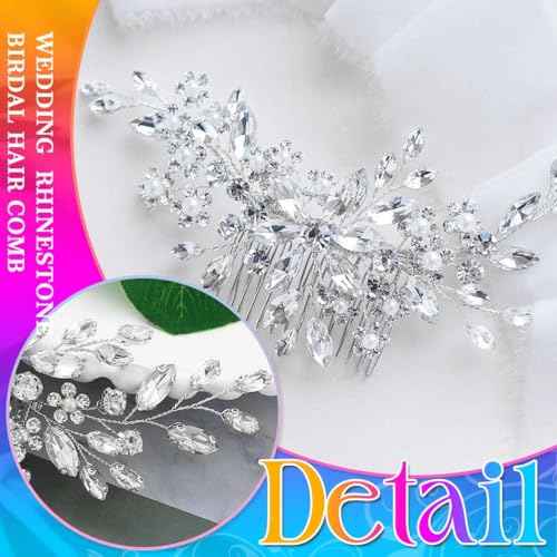 Unsutuo Crystal Bride Wedding Hair Comb Silver Rhinestone Flower Bridal Hair Pieces Pearl Wedding Hair Accessories for Women and Girls(Silver)
