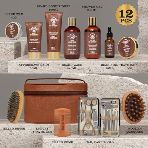 Father's Day Spa Gift Set for Men - Luxury 30-Piece Sandalwood Bath & Beard Gift Set for Men, Bath & Body Care Kit for Him with Beard Wax | Christmas, Valentine's Day, Birthday, Gift for Father Dad