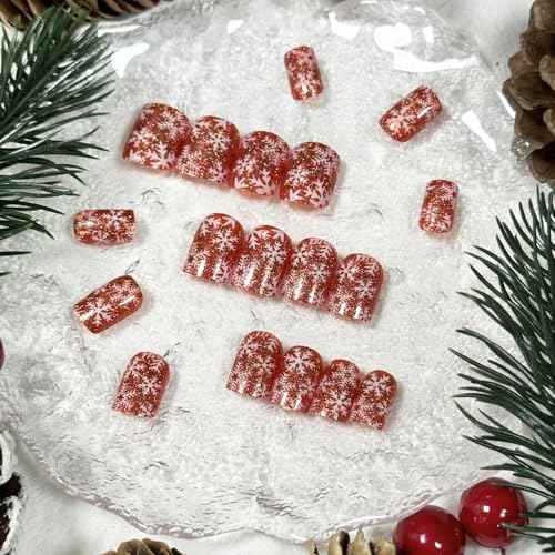 Christmas Red Press on Nails Short Square Fake Nails with Snowflake Designs Red Glossy Artificial Nails Full Cover Stick on Nails Christmas Glue on Nails for Women Nail Art DIY 24Pcs