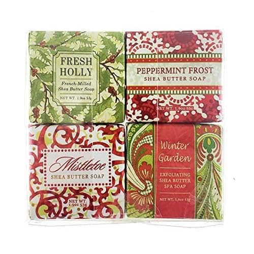 Christmas Soap Sampler- Set of 4 Scents- Mistletoe, Peppermint Frost, Winter Garden and Fresh Holly- Enriched with Shea Butter and Essential Oils- Ideal Basket Filler, Stocking Stuffer for Guests