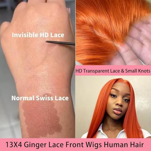 26inch Ginger 13x4 HD Lace Front Wigs Human Hair Straight Lace Frontal Wigs 350 Colored Glueless Ginger Orange 180% Density Pre Plucked With Baby Hair