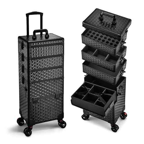 5 in 1 Makeup Train Case, Cosmetology Case on Wheels Travel Make up Case Rolling Nail Cart Makeup Organizer Cosmetic Storage Box Cases Extra Large Trolley Truck with 360¡Æ Swivel Wheels, Black