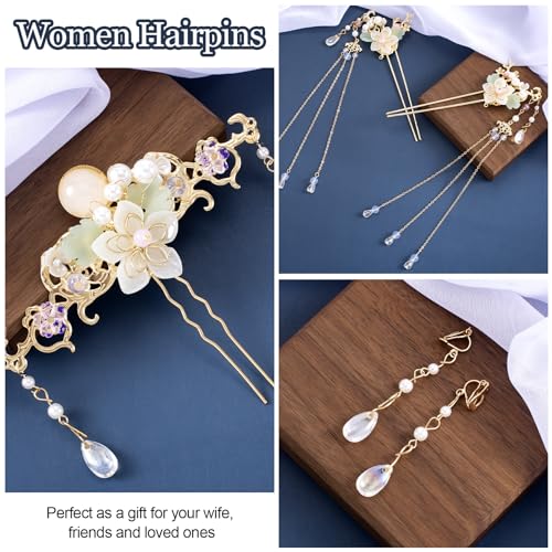 5PCS Orchid Flower Tassels Hairpin, Crystal Rhinestone Pearl Hair Clips Headpiece Retro Chinese Hanfu Floral Wedding Brides Hair Accessories Jewelry for Women Girls Updo Long Hair