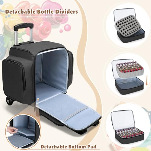 BAFASO Rolling Nail Polish Organizer Holds 144 Bottles, Nail Polish Case with a Detachable Dolly and 3 Removable Cases (Patented Design), Black